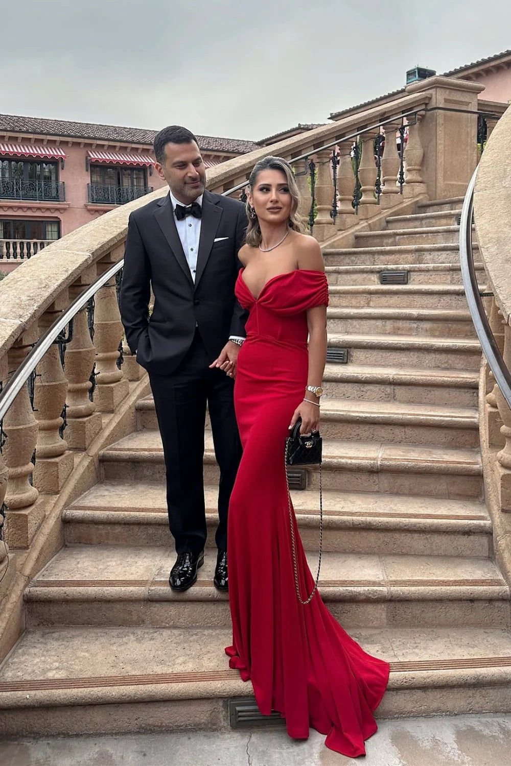Elegant red mermaid off-shoulder long prom dress with a sweep train.