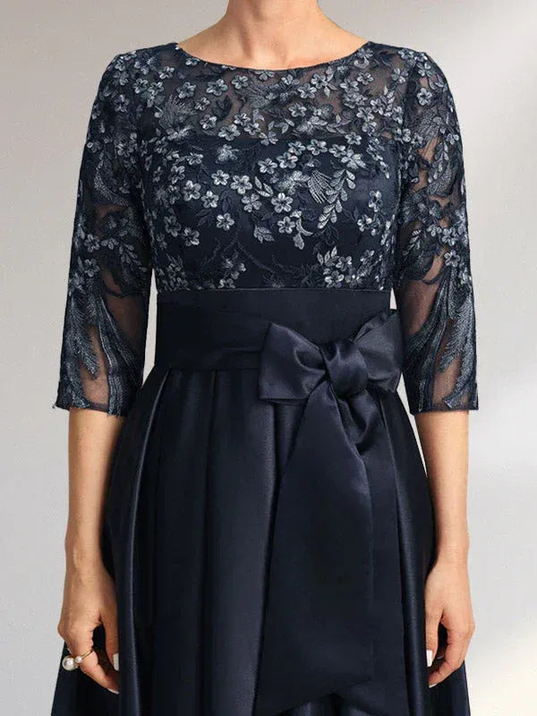 Elegant A-Line Boat Neck 3/4 Sleeve Belted Navy High-Low Mother of the Bride Dresses With Pocket