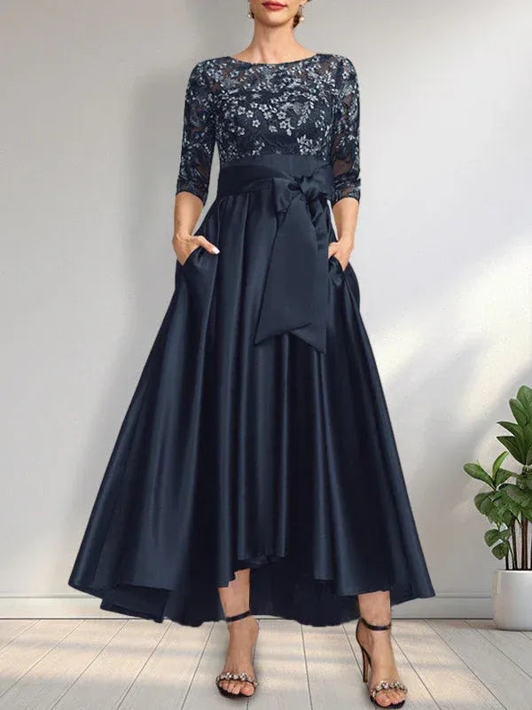 Elegant A-Line Boat Neck 3/4 Sleeve Belted Navy High-Low Mother of the Bride Dresses With Pocket