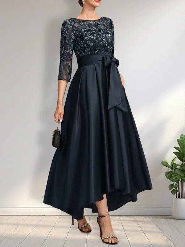 Elegant A-Line Boat Neck 3/4 Sleeve Belted Navy High-Low Mother of the Bride Dresses With Pocket