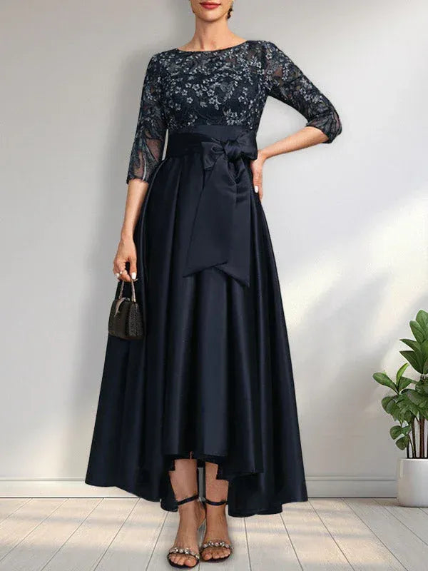 Elegant A-Line Boat Neck 3/4 Sleeve Belted Navy High-Low Mother of the Bride Dresses With Pocket