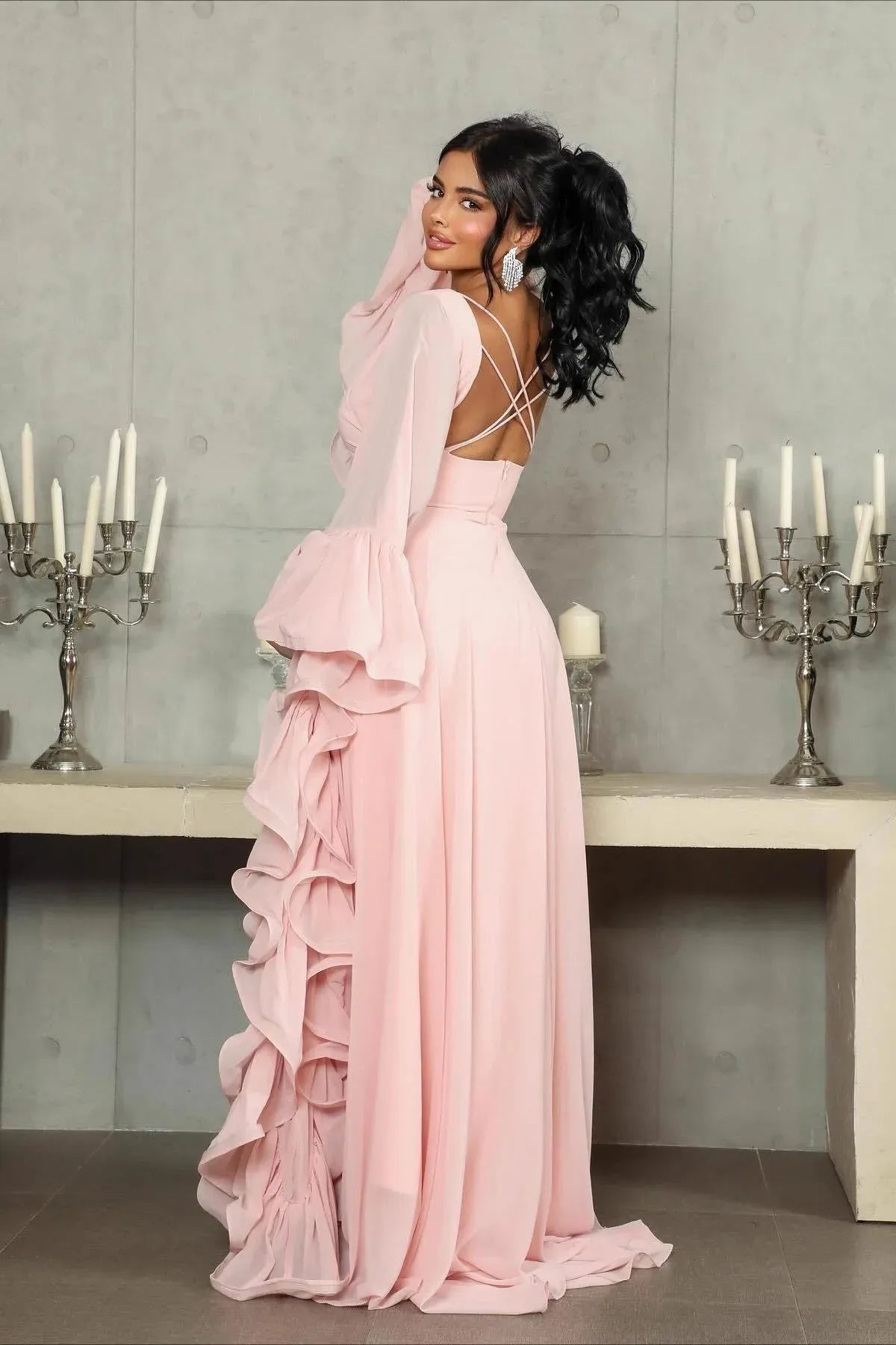 Elegant A-Line Boat Neck Long Sleeve Ruffle Chiffon Blush Pink Floor-Length Prom Dress