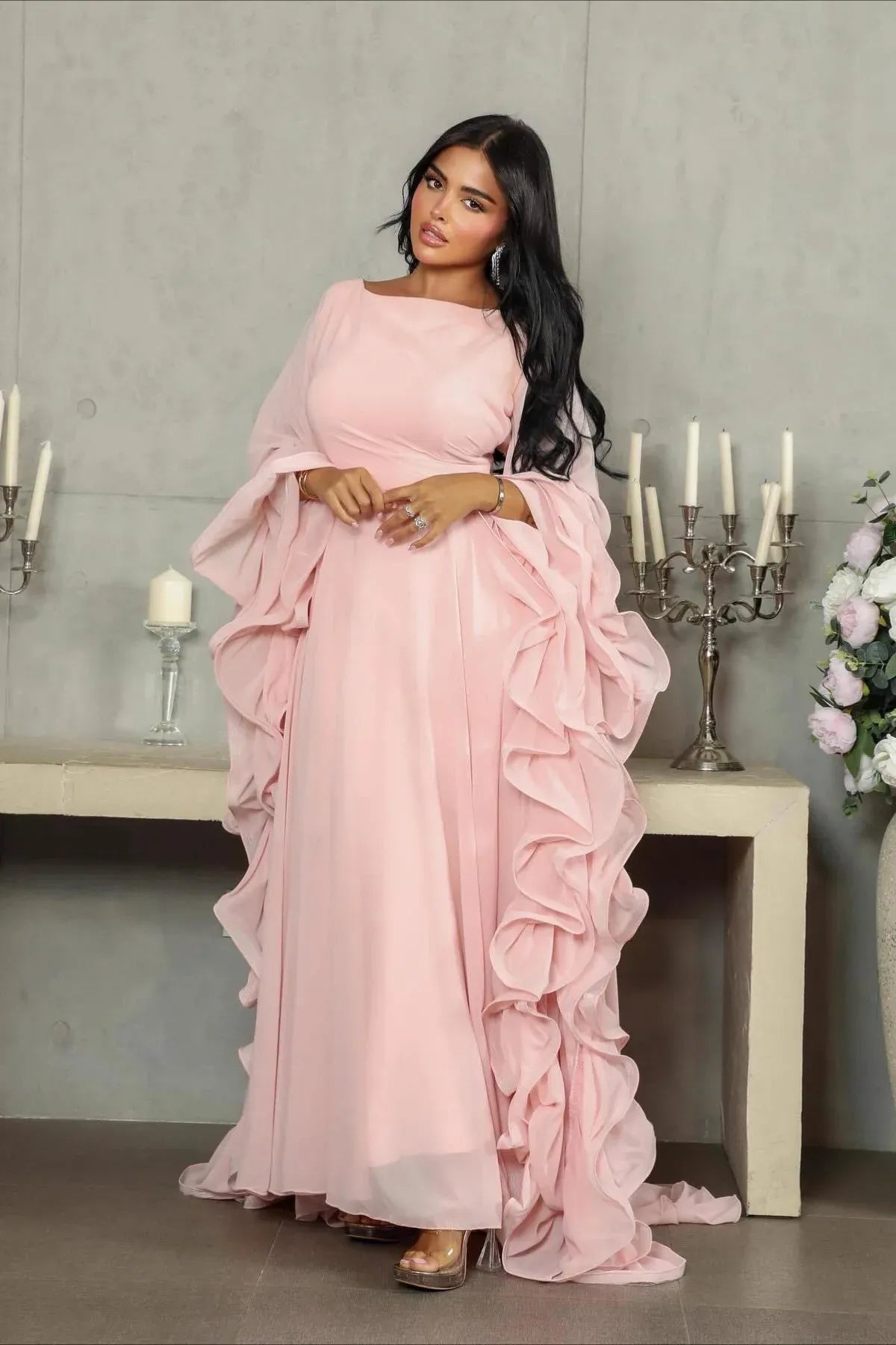 Elegant A-Line Boat Neck Long Sleeve Ruffle Chiffon Blush Pink Floor-Length Prom Dress