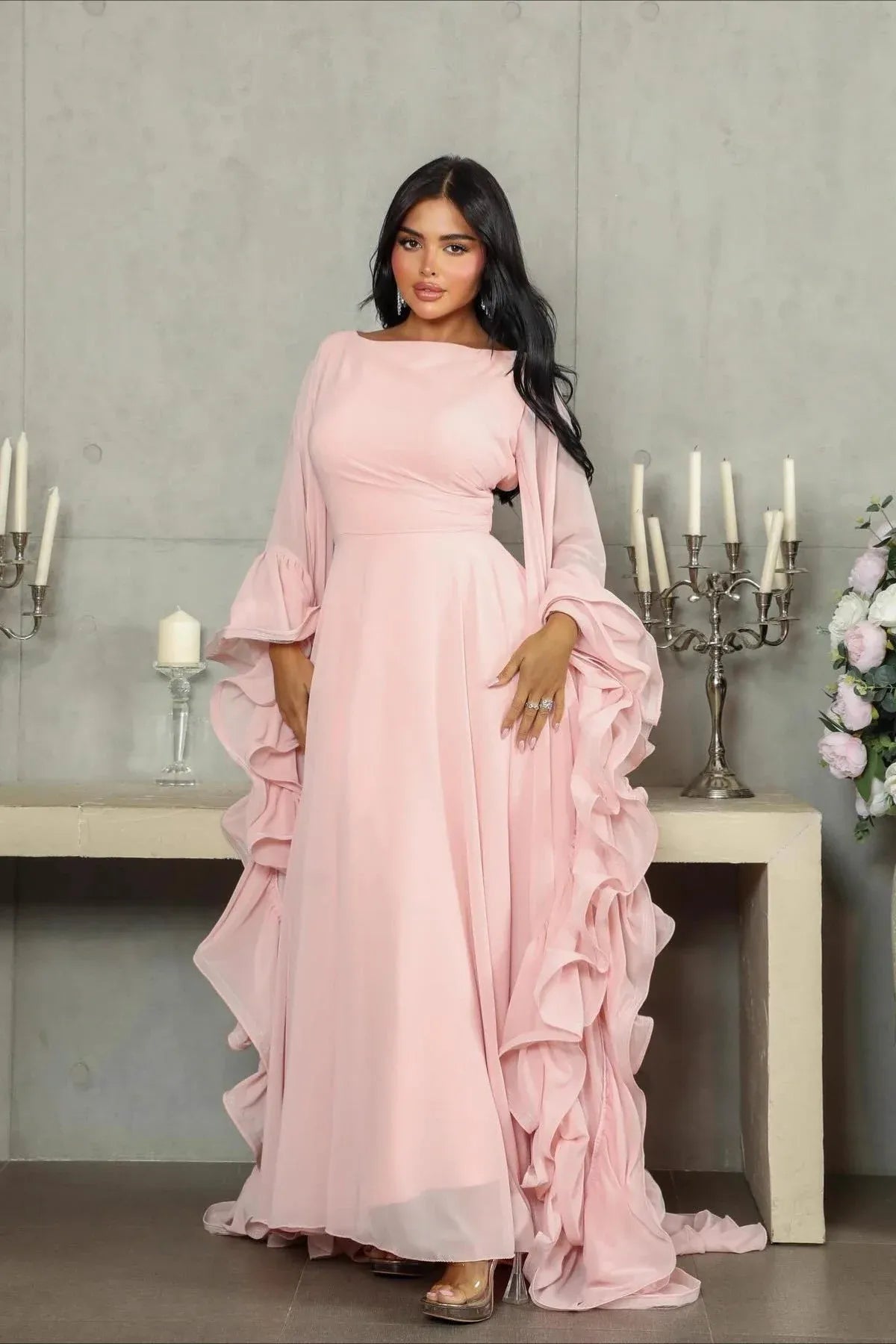 Elegant A-Line Boat Neck Long Sleeve Ruffle Chiffon Blush Pink Floor-Length Prom Dress