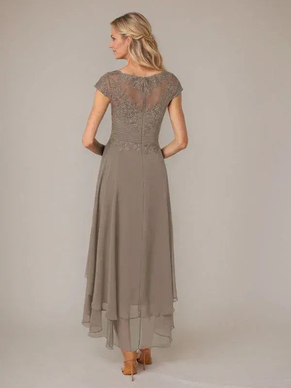 Elegant A-Line Cap Sleeve Lace Taupe High-Low Mother of the Bride Dresses