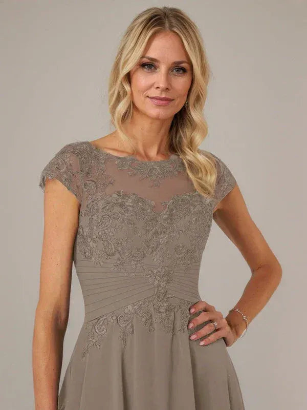 Elegant A-Line Cap Sleeve Lace Taupe High-Low Mother of the Bride Dresses