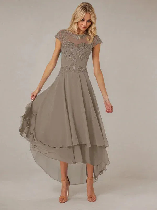 Elegant A-Line Cap Sleeve Lace Taupe High-Low Mother of the Bride Dresses