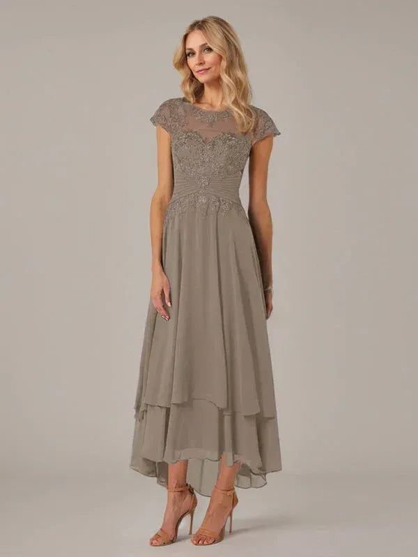 Elegant A-Line Cap Sleeve Lace Taupe High-Low Mother of the Bride Dresses