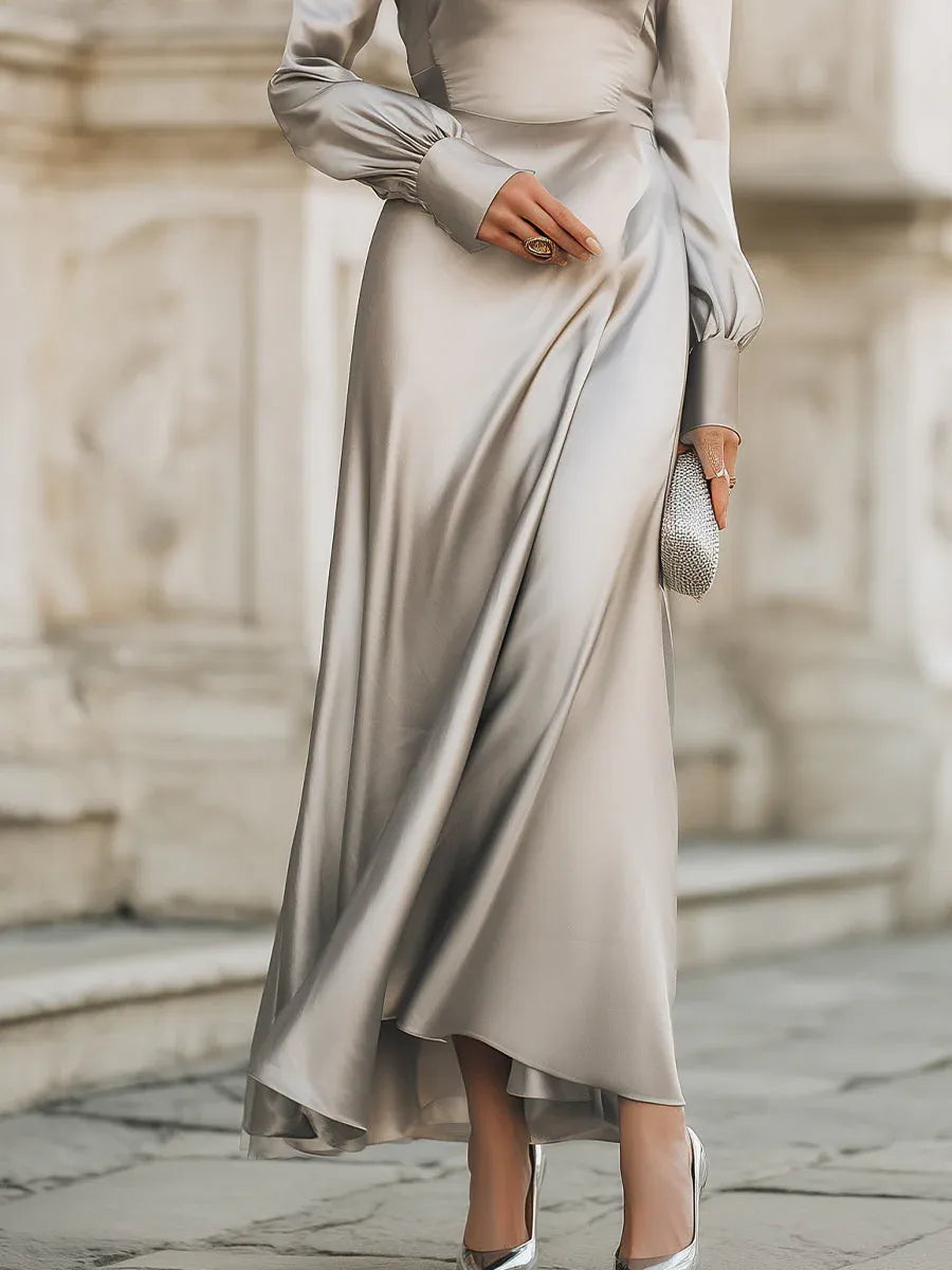 Elegant A-Line Cowl Neck Long Sleeve Satin Silver Long Prom Dresses