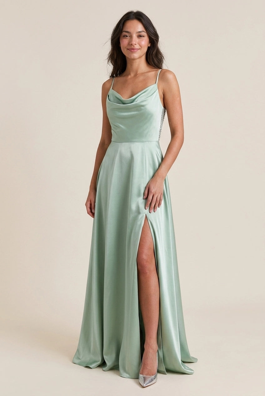 Elegant A-Line Cowl Neck Spaghetti Strap Sequins Satin Sage Floor-Length Prom Dress