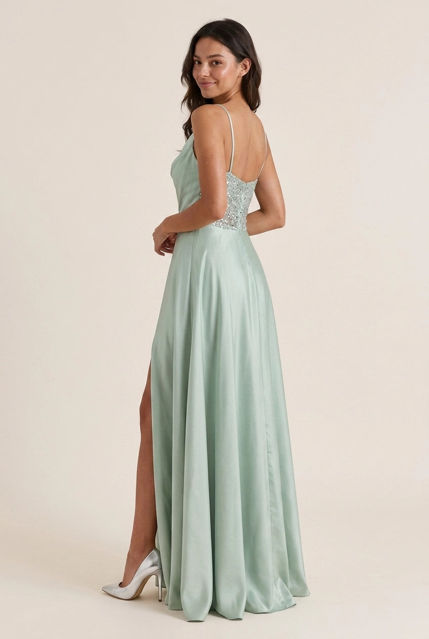 Elegant A-Line Cowl Neck Spaghetti Strap Sequins Satin Sage Floor-Length Prom Dress