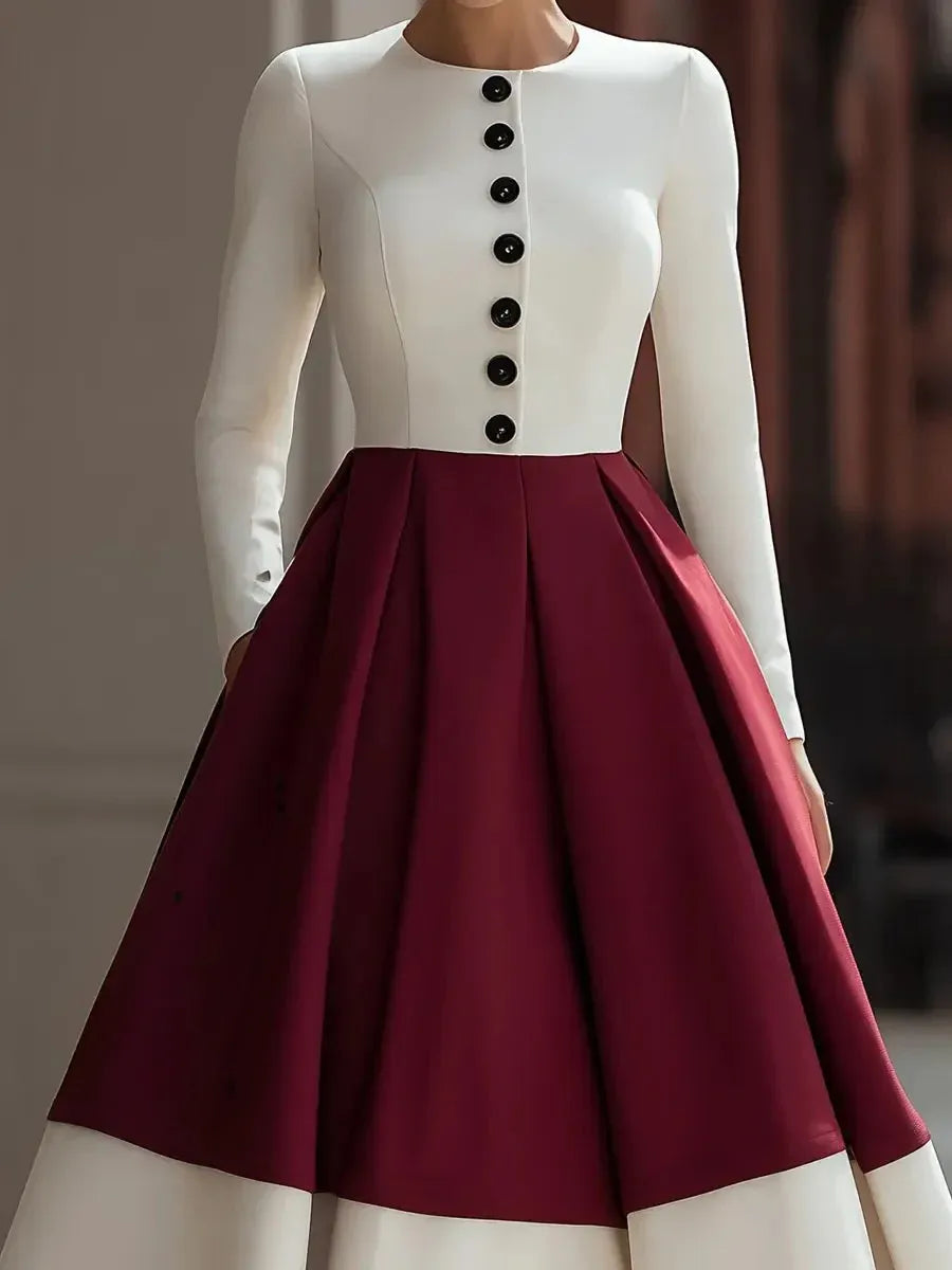 Stylish A-Line Crew Neck Long Sleeve Color Block Burgundy White Midi Prom Dresses