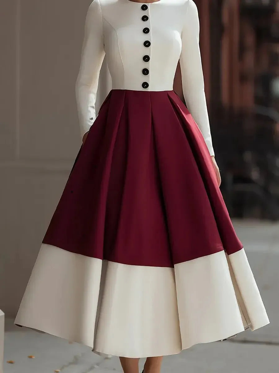 Stylish A-Line Crew Neck Long Sleeve Color Block Burgundy White Midi Prom Dresses