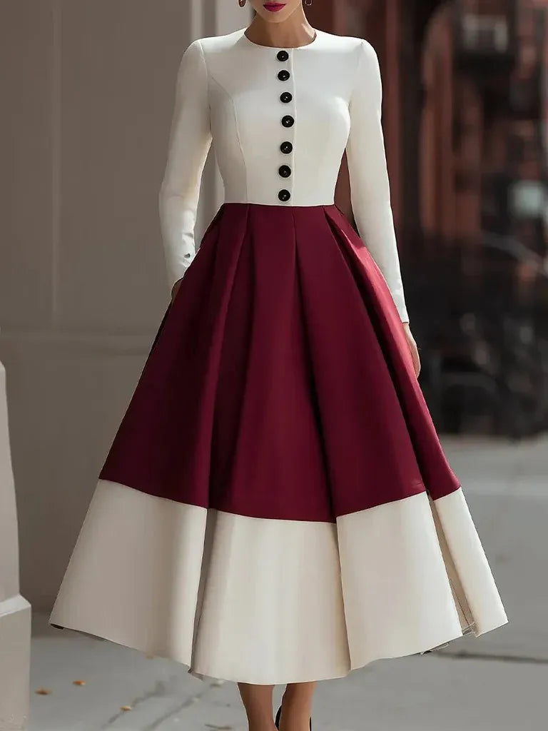 Stylish A-Line Crew Neck Long Sleeve Color Block Burgundy White Midi Prom Dresses