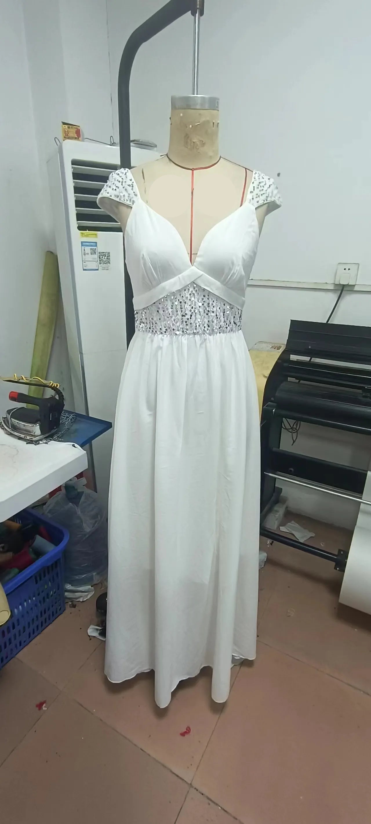 Elegant A-Line Deep V-Neck Cap-Sleeve Sequin White Long Prom Dress for Women Ready to Ship