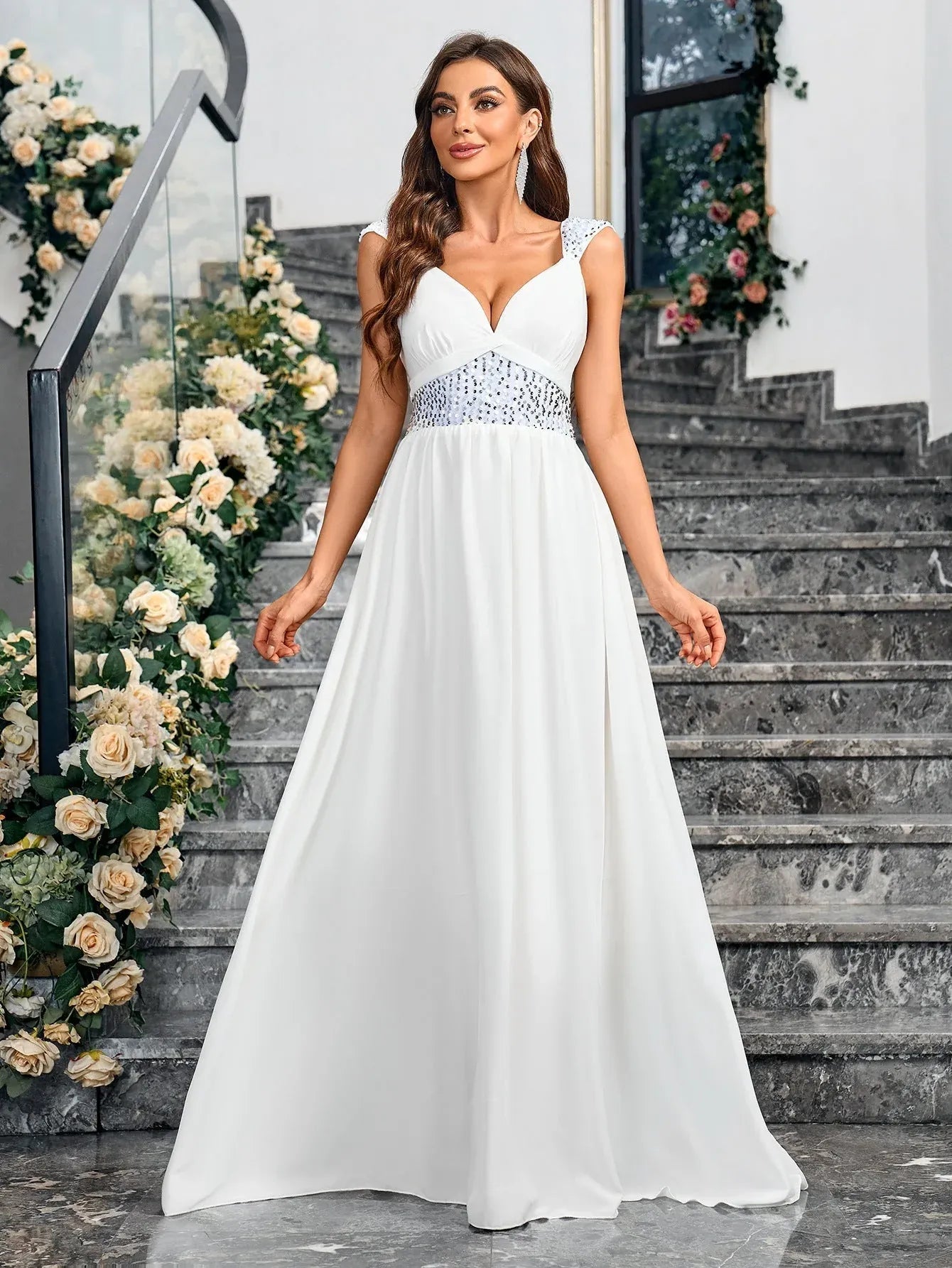 Elegant A-Line Deep V-Neck Cap-Sleeve Sequin White Long Prom Dress for Women Ready to Ship