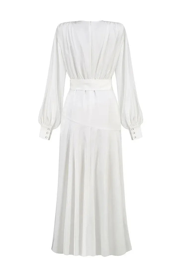 Elegant A-Line Deep V-Neck Long Sleeve White Floor-Length Prom Dress With Slit