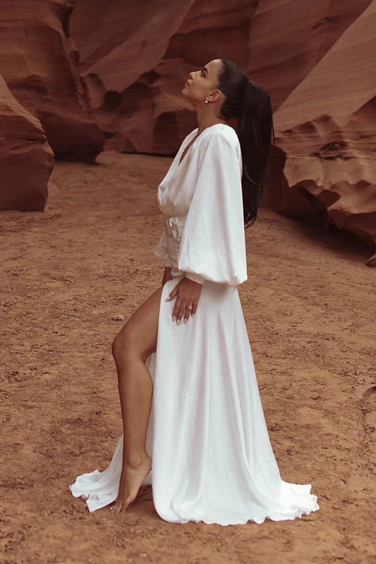 Elegant A-Line Deep V-Neck Long Sleeve White Floor-Length Prom Dress With Slit