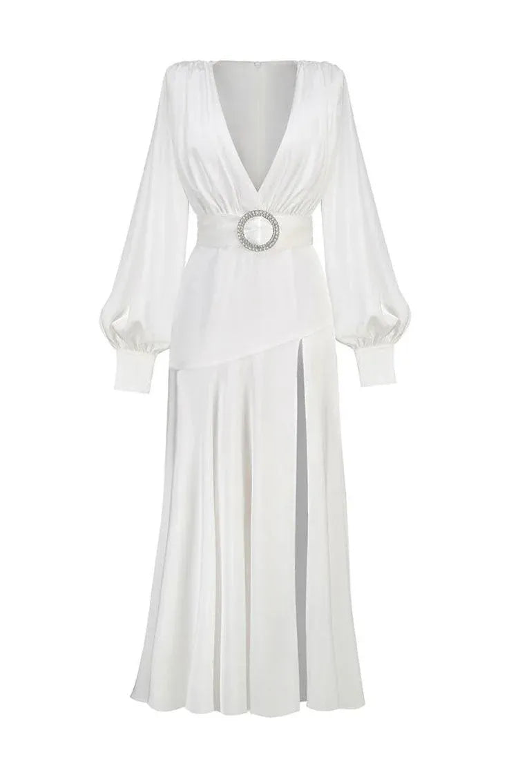 Elegant A-Line Deep V-Neck Long Sleeve White Floor-Length Prom Dress With Slit
