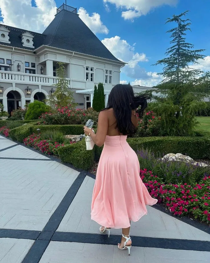Elegant A-Line Deep V-Neck Sleeveless Satin Chiffon Pink Midi Prom Dress