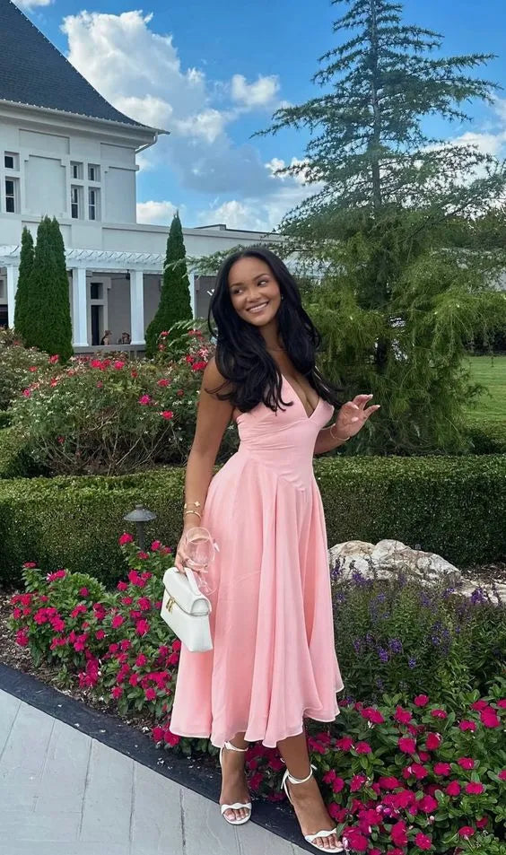Elegant A-Line Deep V-Neck Sleeveless Satin Chiffon Pink Midi Prom Dress