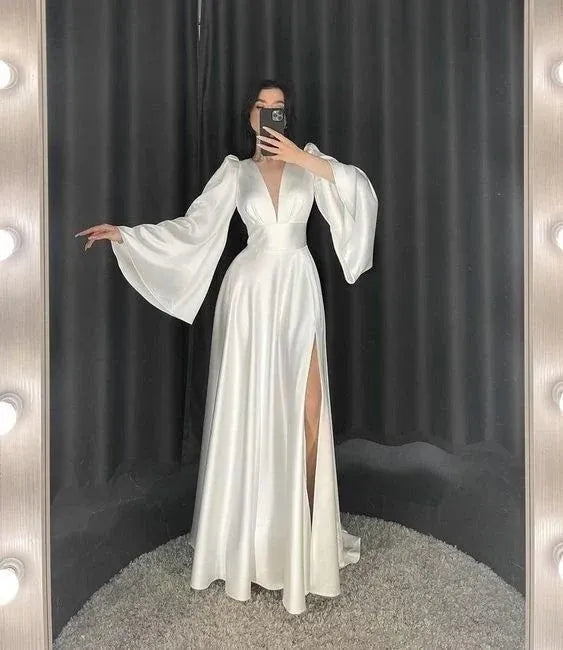 Elegant A-Line Deep V Neck Bell Sleeve White Floor-Length Prom Dress With Slit