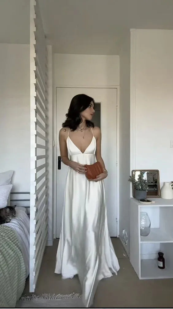 Elegant A-Line Deep V Sleeveless Cross-Back Satin Ivory Maxi Evening Dress for Women