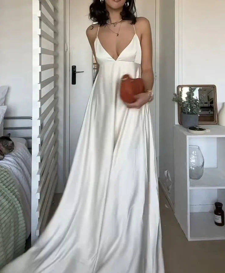 Elegant A-Line Deep V Sleeveless Cross-Back Satin Ivory Maxi Evening Dress for Women
