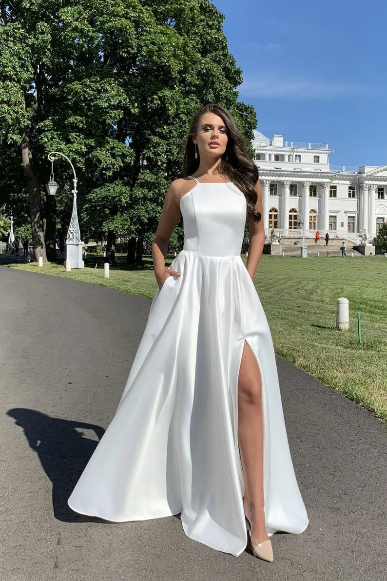 Elegant A-Line Double Strap High Slit White Floor-Length Prom Dress With Pocket