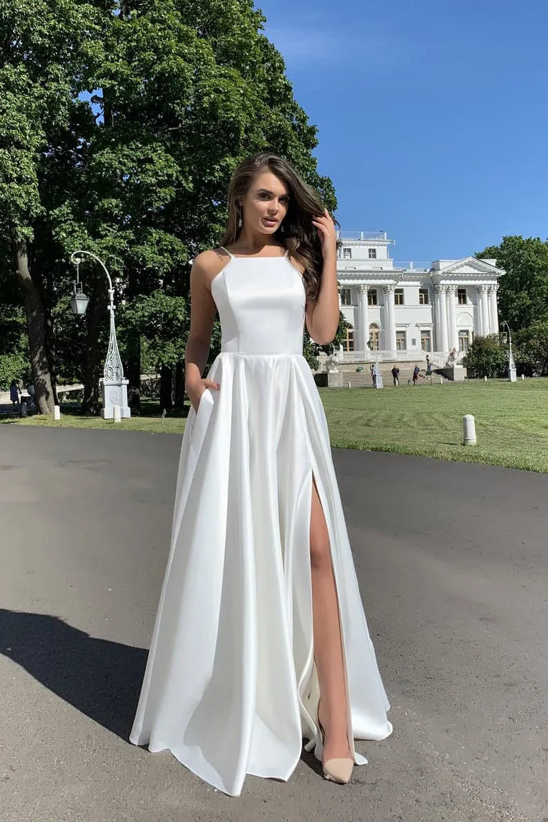 Elegant A-Line Double Strap High Slit White Floor-Length Prom Dress With Pocket