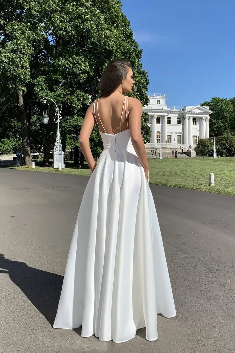 Elegant A-Line Double Strap High Slit White Floor-Length Prom Dress With Pocket
