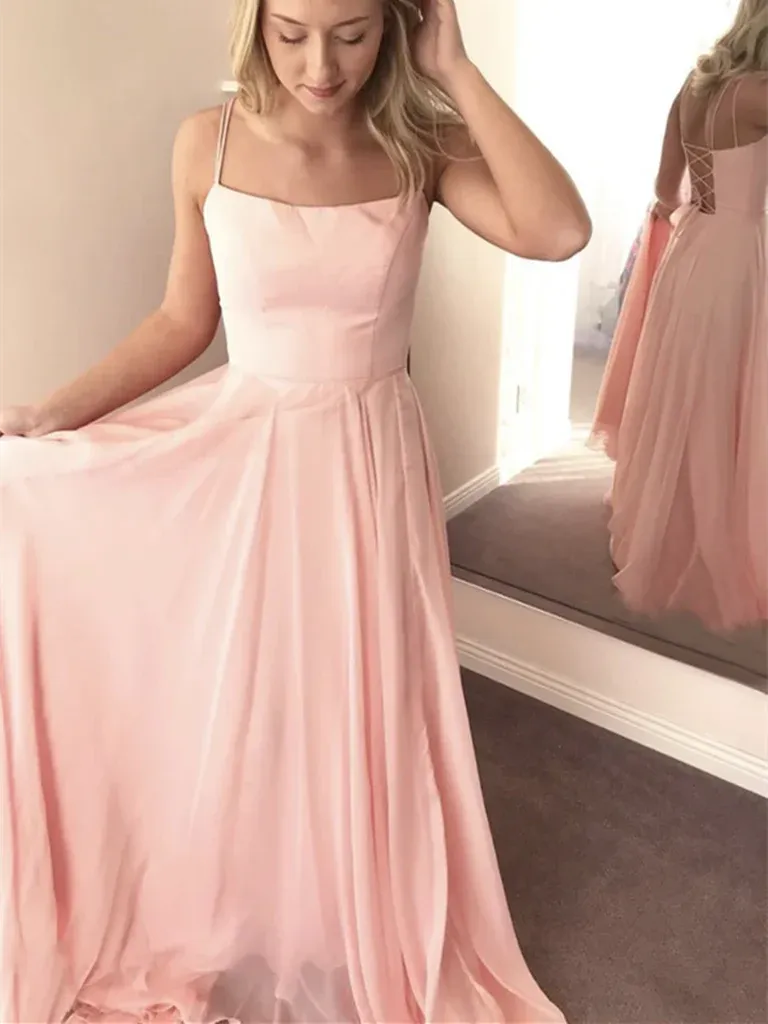 Elegant A-Line Double Straps Lace Up Chiffon Blush Pink Floor-Length Prom Dress