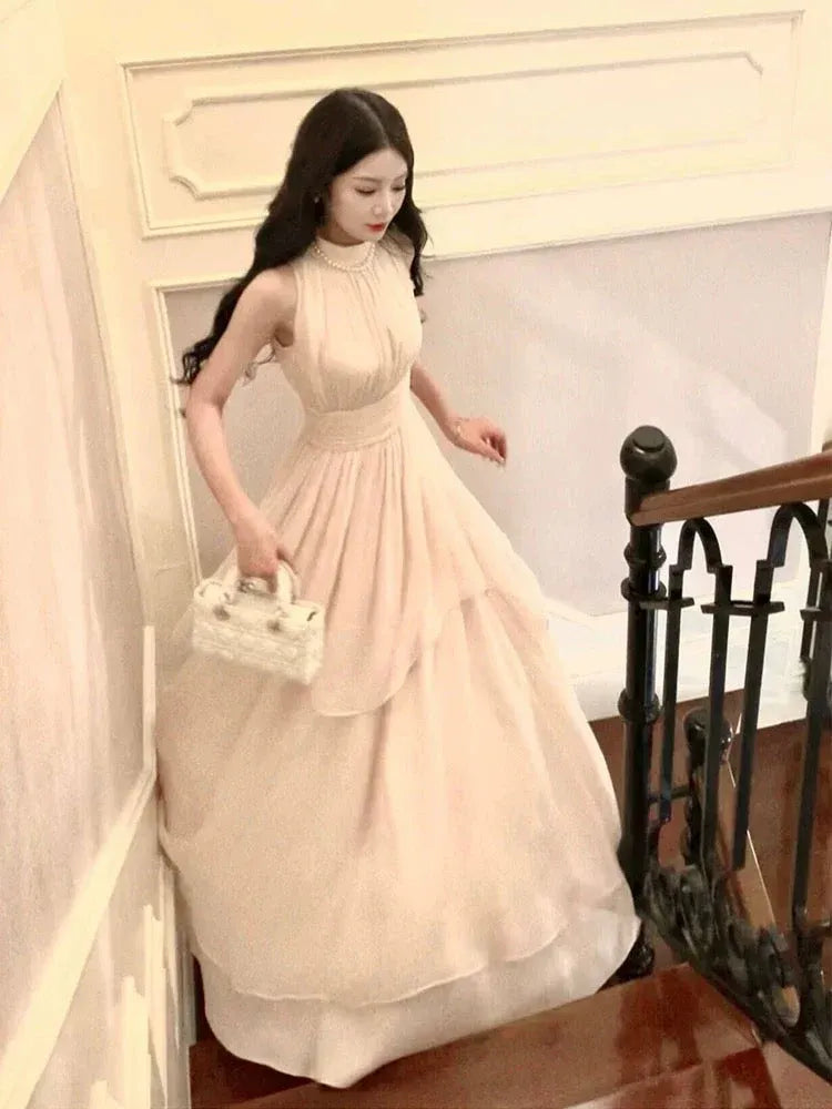 Elegant A-Line Halter-Neck Sleeveless Pearl-Accent Chiffon Blush Floor-Length Evening Dress for Women