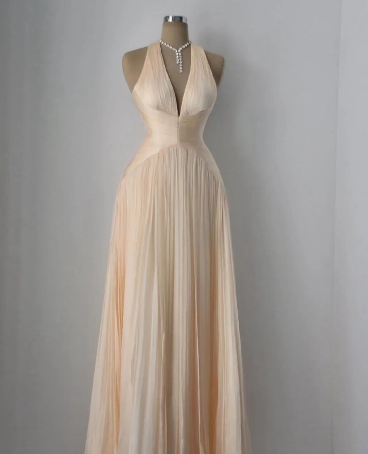 Elegant A-Line Halter Deep V Neck Pleated Chiffon Champagne Long Prom Dress