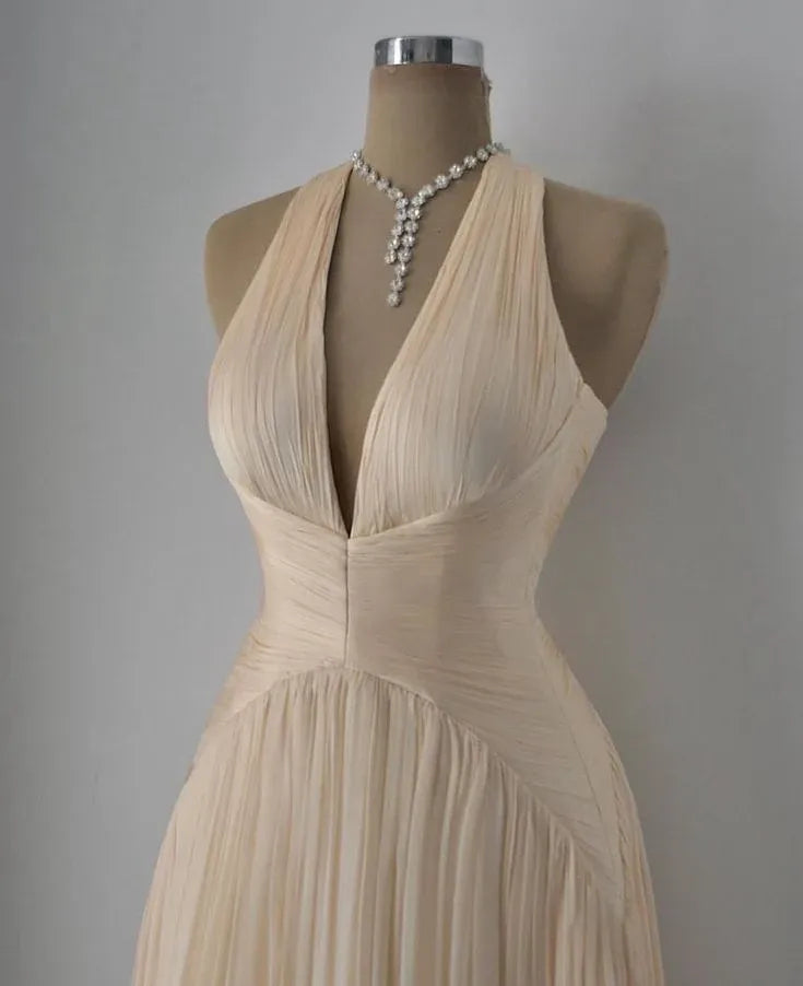 Elegant A-Line Halter Deep V Neck Pleated Chiffon Champagne Long Prom Dress