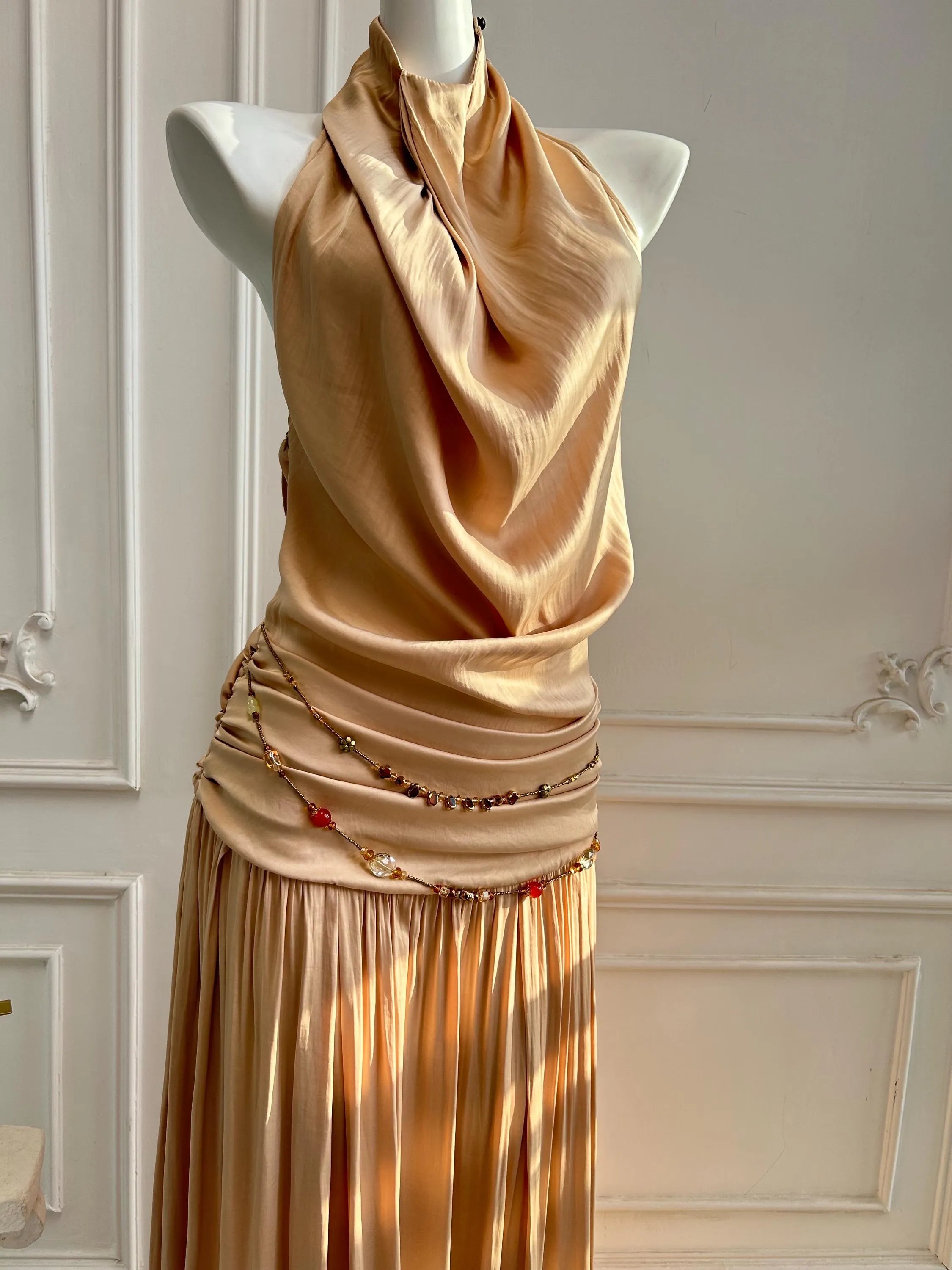Elegant A-Line Halter Neck Draped Open-Back Champagne Floor-Length Prom Dress