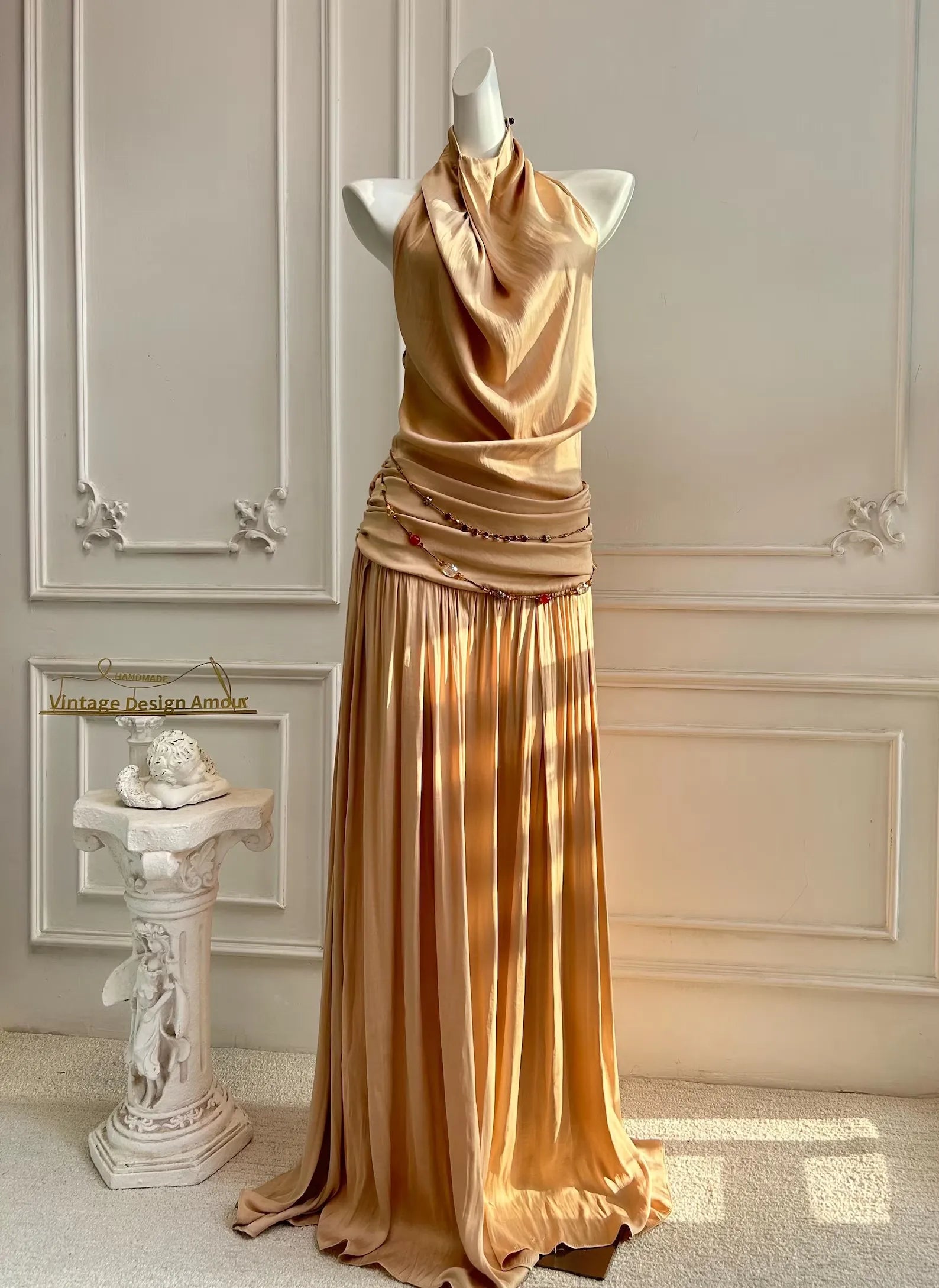 Elegant A-Line Halter Neck Draped Open-Back Champagne Floor-Length Prom Dress