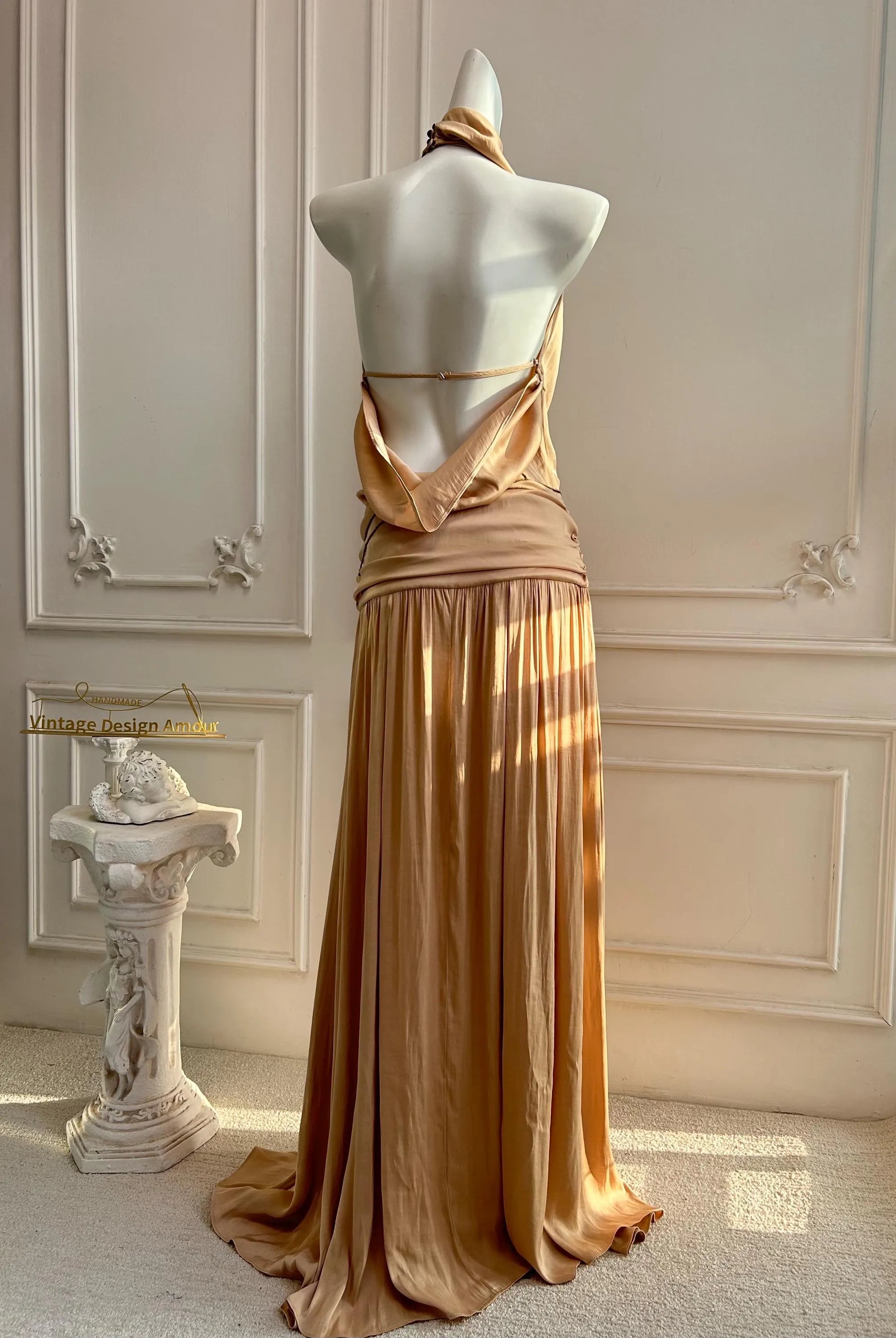 Elegant A-Line Halter Neck Draped Open-Back Champagne Floor-Length Prom Dress
