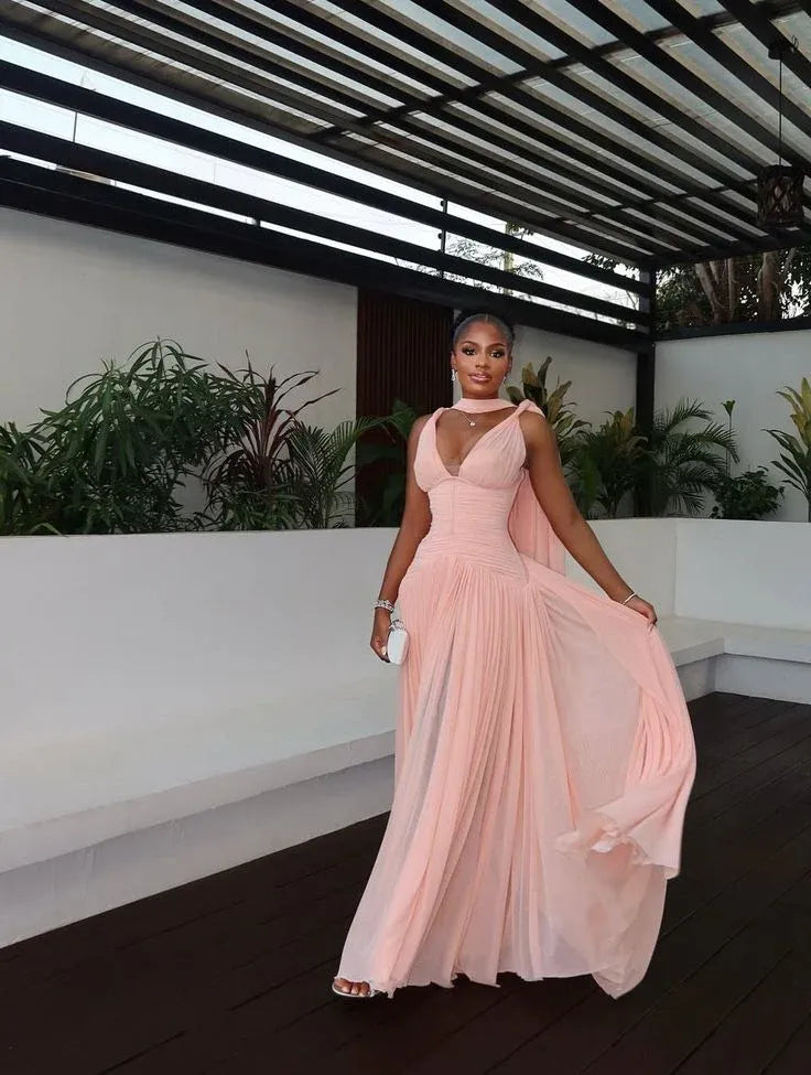 Elegant A-Line Halter Neck Ruched Draped Blush Floor Length Evening Dress For Sale