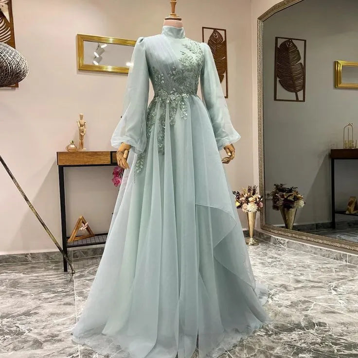 Elegant A-Line High Neck Long Sleeve Lace Applique Mint Floor Length Evening Dress For Sale
