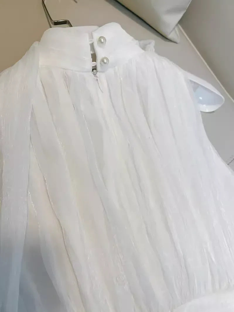 Elegant A-Line High Neck Sleeveless Pleated White Long Prom Dress For Women Ready To Ship