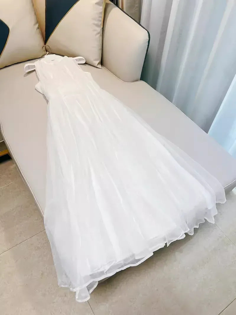 Elegant A-Line High Neck Sleeveless Pleated White Long Prom Dress For Women Ready To Ship