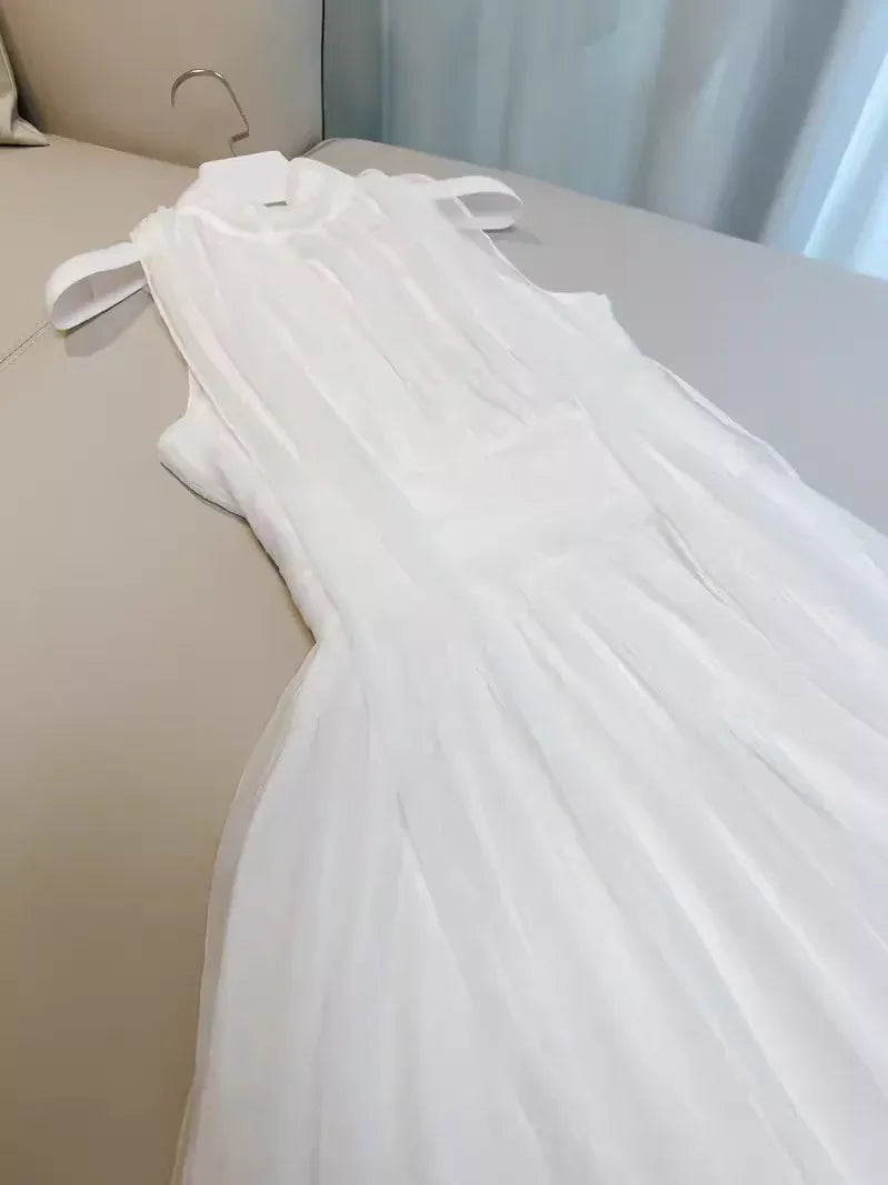 Elegant A-Line High Neck Sleeveless Pleated White Long Prom Dress For Women Ready To Ship