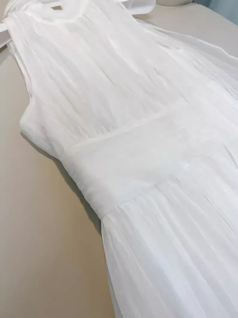 Elegant A-Line High Neck Sleeveless Pleated White Long Prom Dress For Women Ready To Ship