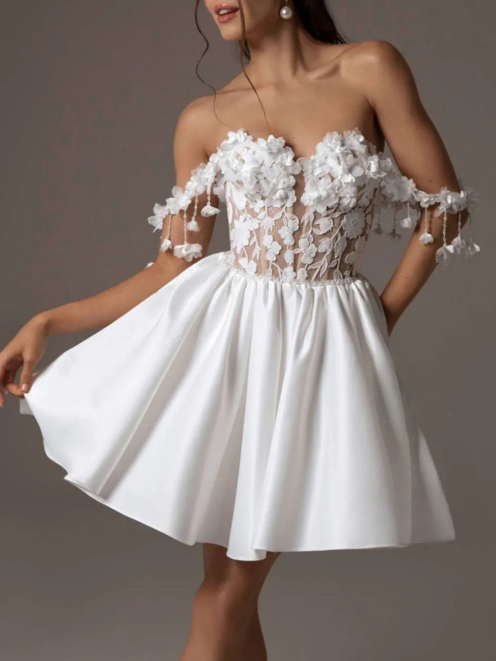 Pretty A-Line Off-Shoulder 3D Floral White Short Homecoming Dress With Fringes