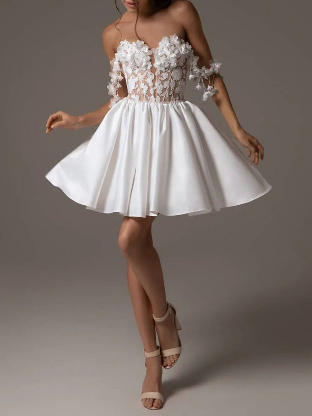 Pretty A-Line Off-Shoulder 3D Floral White Short Homecoming Dress With Fringes