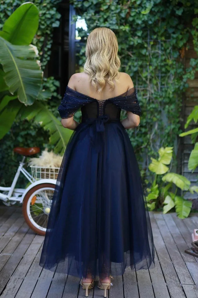 Elegant A-Line Off-Shoulder Beaded Tulle Navy Blue Midi Prom Dress Ready To Ship