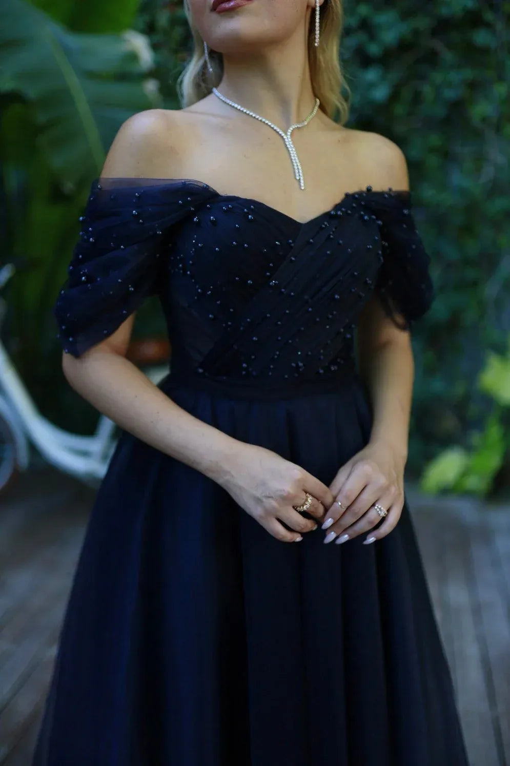 Elegant A-Line Off-Shoulder Beaded Tulle Navy Blue Midi Prom Dress Ready To Ship