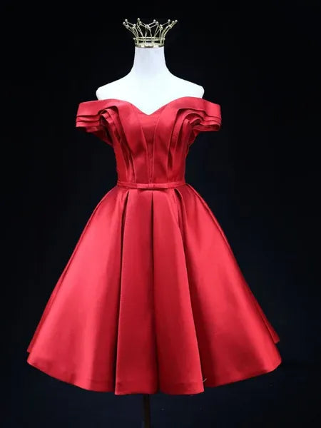 Elegant A-Line Off-Shoulder Ruched Lace-Up Satin Red Short Homecoming Dress