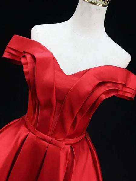 Elegant A-Line Off-Shoulder Ruched Lace-Up Satin Red Short Homecoming Dress